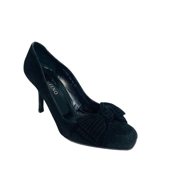 VALENTINO GARAVANI Black Suede Accent Bow Square Toe Heels Pumps Size EU 39 US 9 - Picture 2 of 8